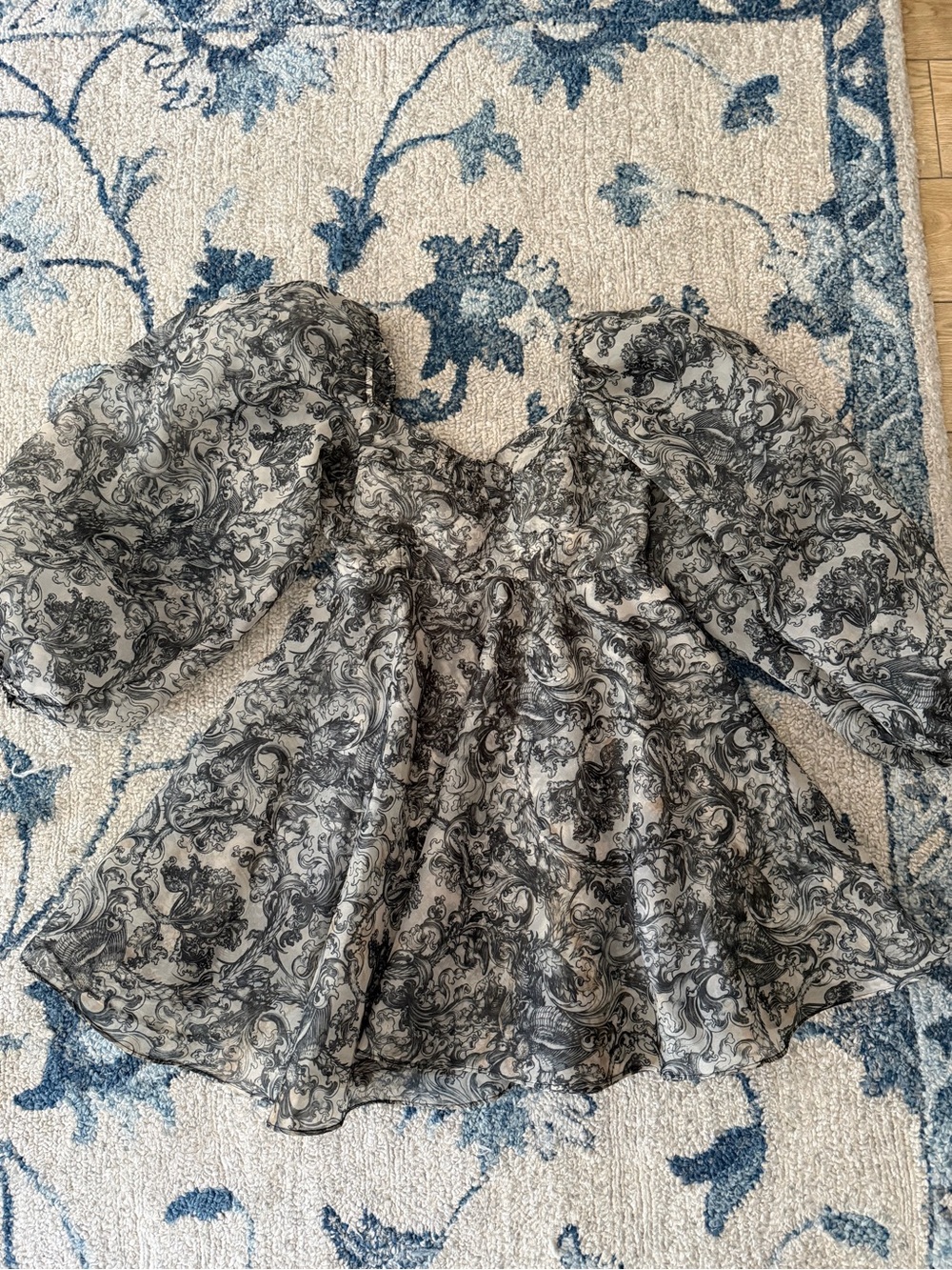 Selkie Black & Cream Sheer Puff-Sleeve Printed Dress